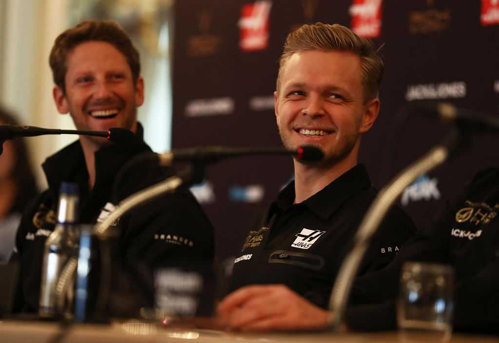 WATCH: Kevin Magnussen and Romain Grosjean awkwardly unveil Haas 2019 livery