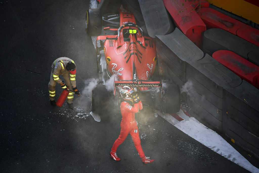 Charles Leclerc crash: Watch Ferrari driver crash into barrier at Azerbaijan Grand Prix