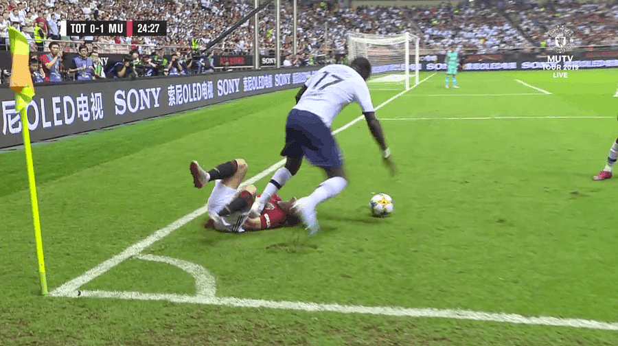 Tottenham's Moussa Sissoko stamps on Daniel James during pre-season friendly against Manchester United