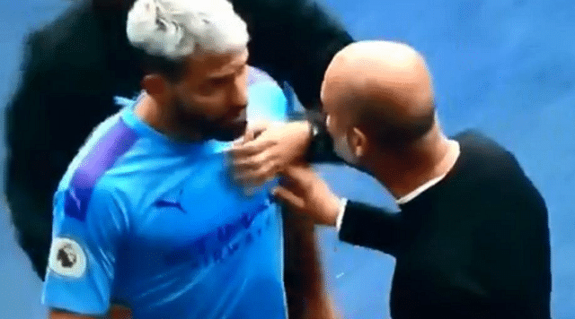Sergio Aguero argues with Pep Guardiola after being subbed