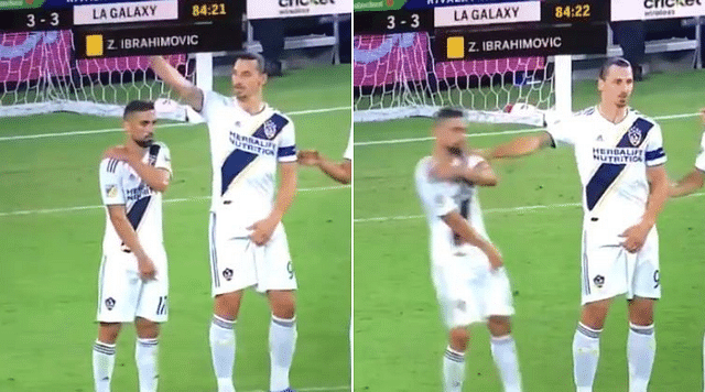 Zlatan Ibrahimovic pushes his own team mate while setting freekick wall