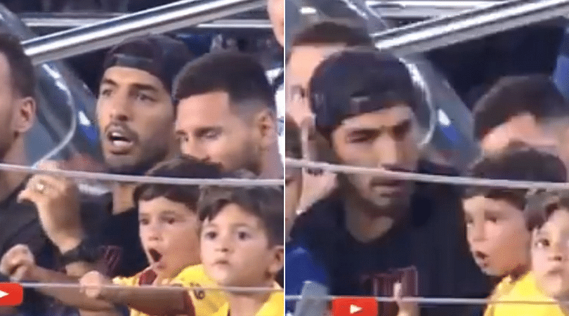 Lionel Messi and Luis Suarez react after Messi's son celebrates Real Betis goal