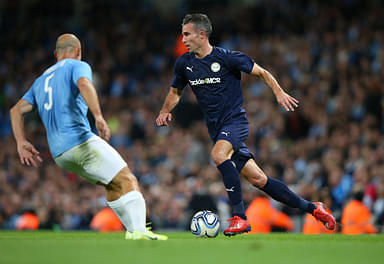 Van Persie wore Manchester United shin pads as he starred with an assist and a goal in Kompany’s testimonial last night