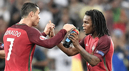 Cristiano Ronaldo gets a good sniff at Renato Sanches’ hair during training