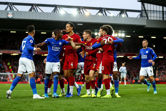 Liverpool and Leicester City players engage in a bust-up after full time whistle