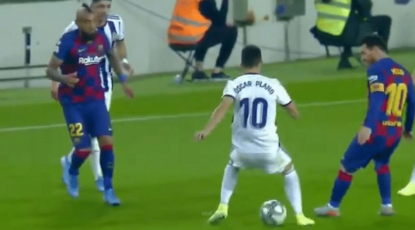 Watch Oscar Plano’s look of despair after being nutmegged by Lionel Messi