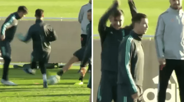 Cristiano Ronaldo gets nutmegged in Juventus training, has an awkward reaction