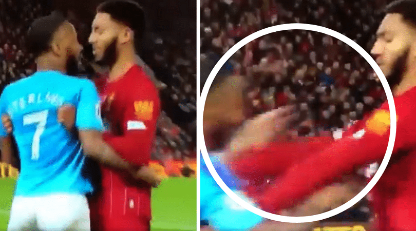 Joe Gomez lifts Raheem Sterling like a child during their altercation in Liverpool vs Man City match