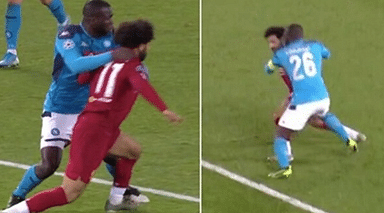 Mohamed Salah refuses to go down despite being obviously fouled by Kalidou Koulibaly