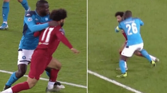 Mohamed Salah refuses to go down despite being obviously fouled by Kalidou Koulibaly