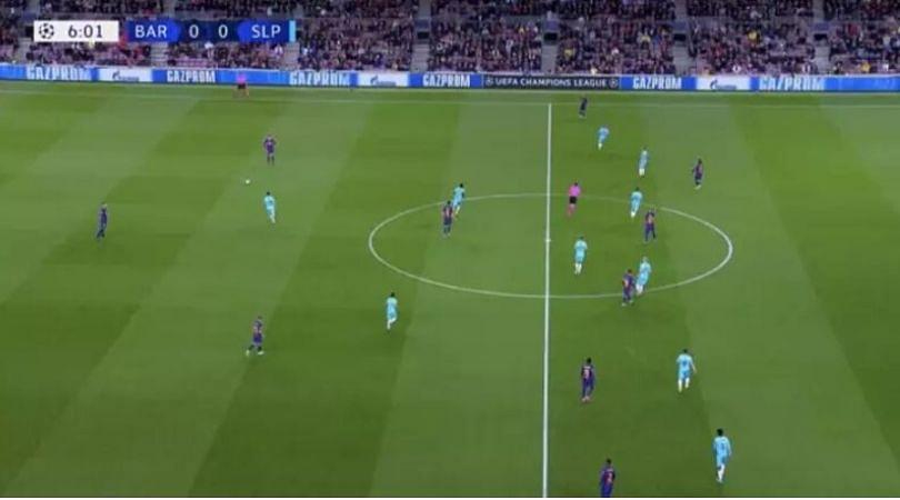 Barcelona was playing ultimate attacking football with 1-2-1-6 formation against Slavia Prague