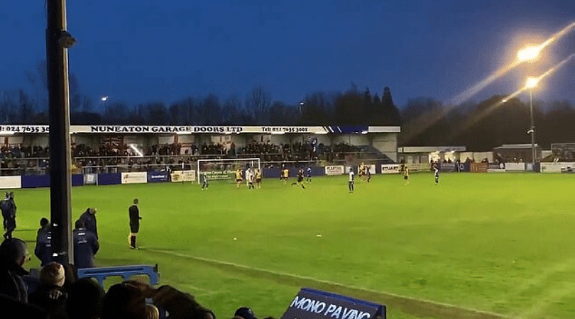 Watch Nuneaton Borough keeper misses penalty and hilariously breaks a light off the roof of the stand