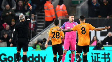 Ederson Red Card Man City reduced to 10 men after Ederson brings Diogo Jota down during Wolves vs Man City
