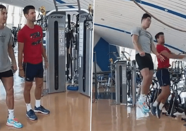 Watch Cristiano Ronaldo teaches Novak Djokovic how to jump