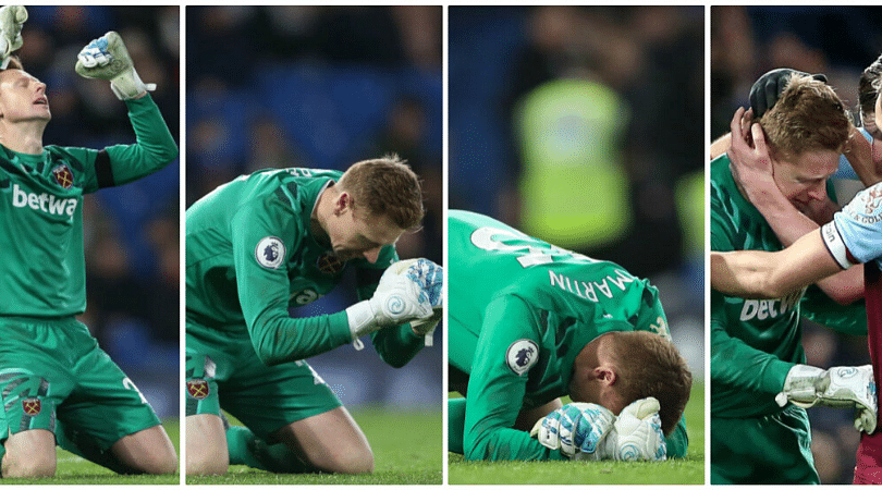West Ham keeper David Martin breaks down after helping his side beat Chelsea on Premier League debut