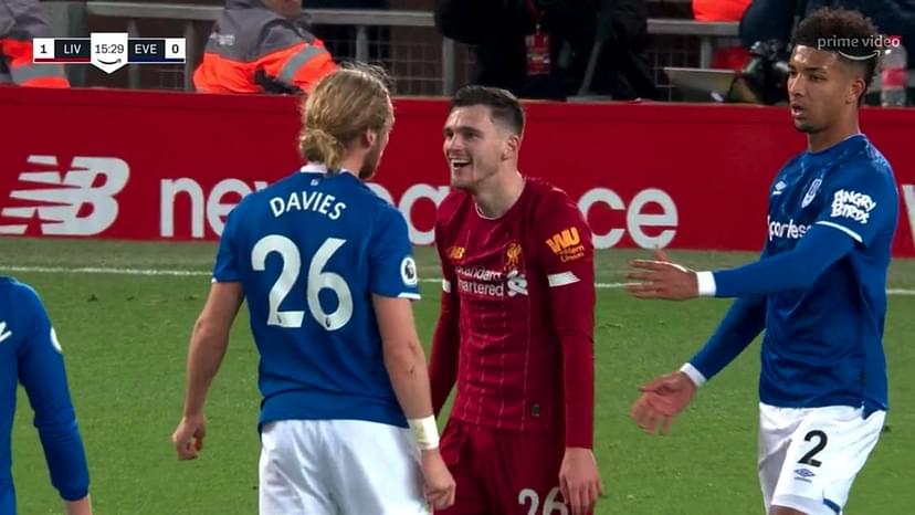 Liverpool fans enjoy Andy Robertson laughing on Tom Davies face in Merseyside derby