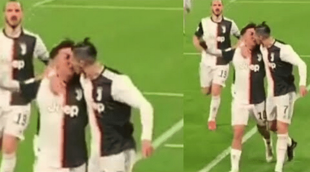 Fan footage showing Cristiano Ronaldo accidentally kiss Paulo Dybala goes viral