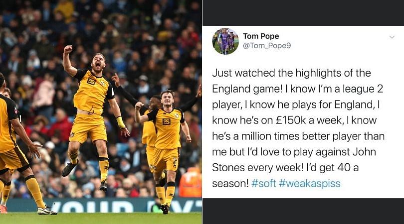 Tom Pope scores against John Stones during match against Manchester City, 7 months ago he tweeted about him
