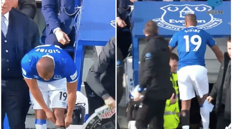 Djibril Sidibe pulls his socks on only to realize he hasn’t worn one during Everton vs Crystal Palace