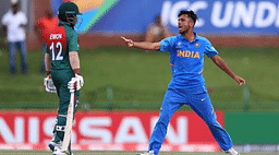 Ravi Bishnoi gives a send off to Towhid Hridoy in the U19 Cricket World Cup final