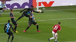 Simon Deli red card vs Man Utd Club Brugge defender sent off after hilarious handball and 5-minute long VAR check