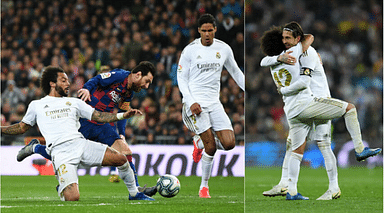 Marcelo makes a last-ditch tackle to prevent Lionel Messi from scoring in El Clasico and celebrates wildly