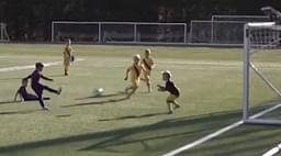 Footage of Lionel Messi and Luis Suarez's sons netting fabulous goals