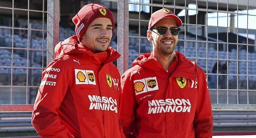 Watch: Sebastian Vettel appears for first time since announcing his departure; chats with Charles Leclerc