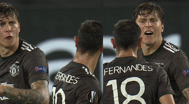 Bruno Fernandes and Victor Lindelof clash with each other as Man Utd crash out of Europa League