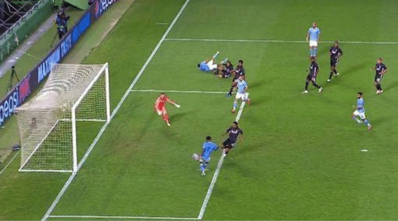 Raheem Sterling miss vs Lyon Man City star misses open goal from five yards