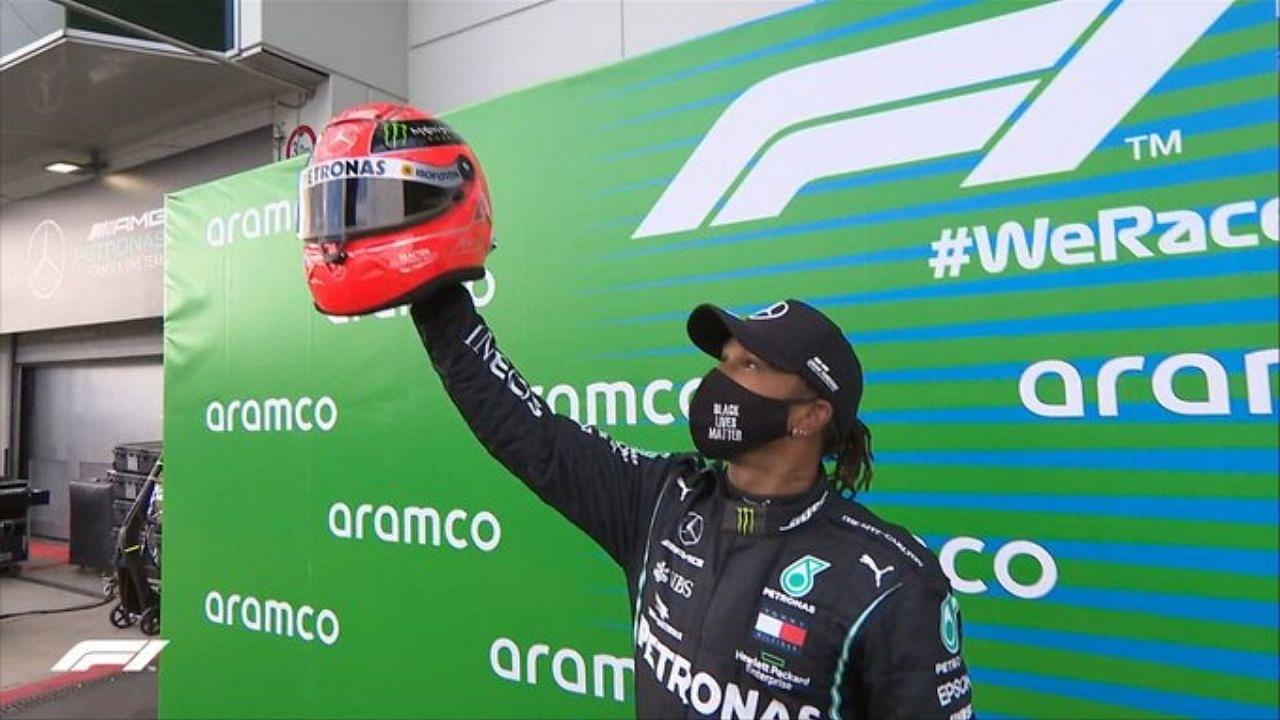 Lewis Hamilton 91 wins: Mick Schumacher hands over his father's helmet to Hamilton as a mark of tribute