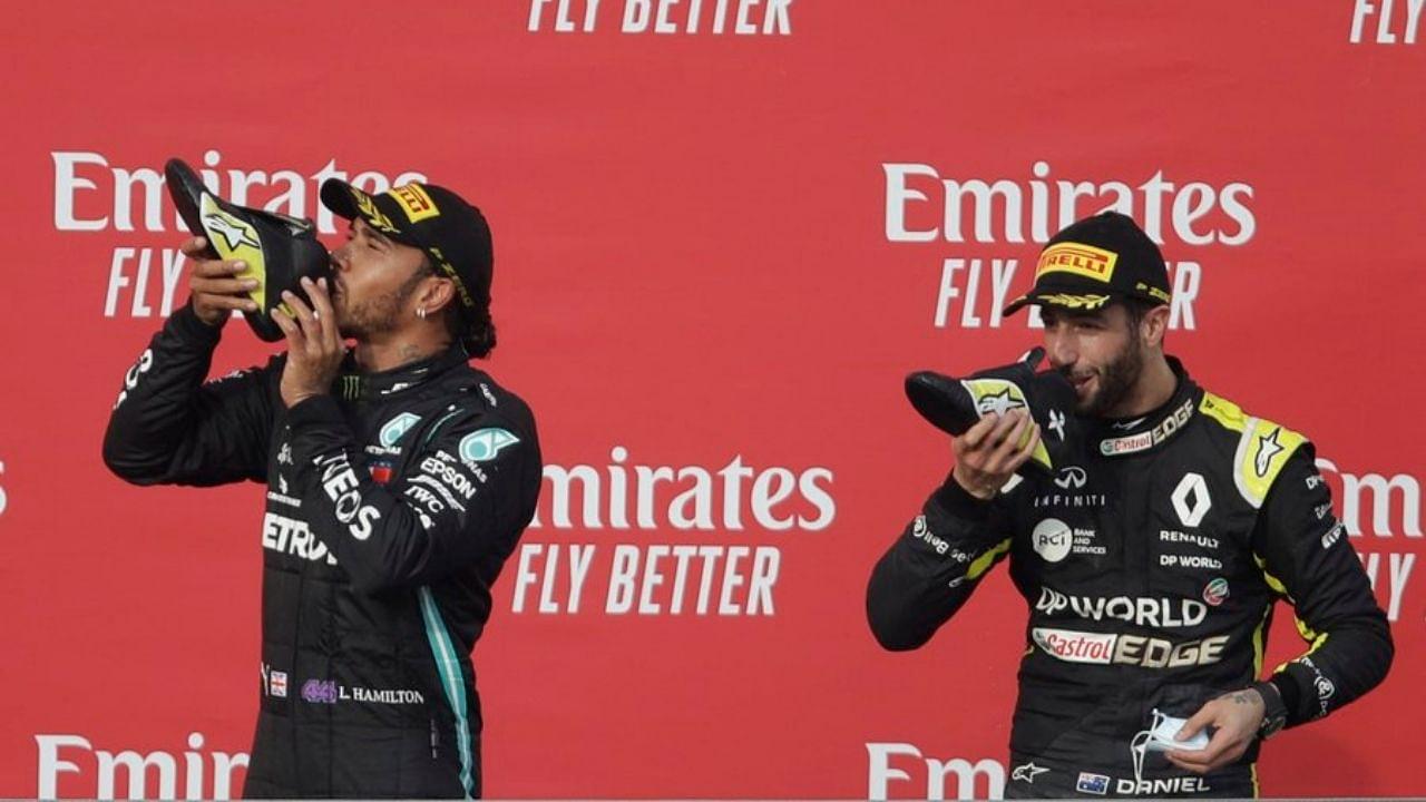 "Take your other shoe off"- Lewis Hamilton to Daniel Ricciardo before Shoey celebration