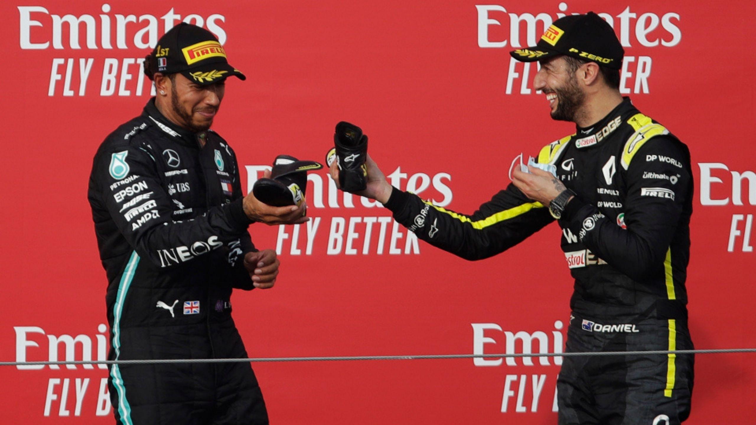 Daniel Ricciardo shoey: Renault driver does shoey after grabbing Imola pole, makes Lewis Hamilton follow suit