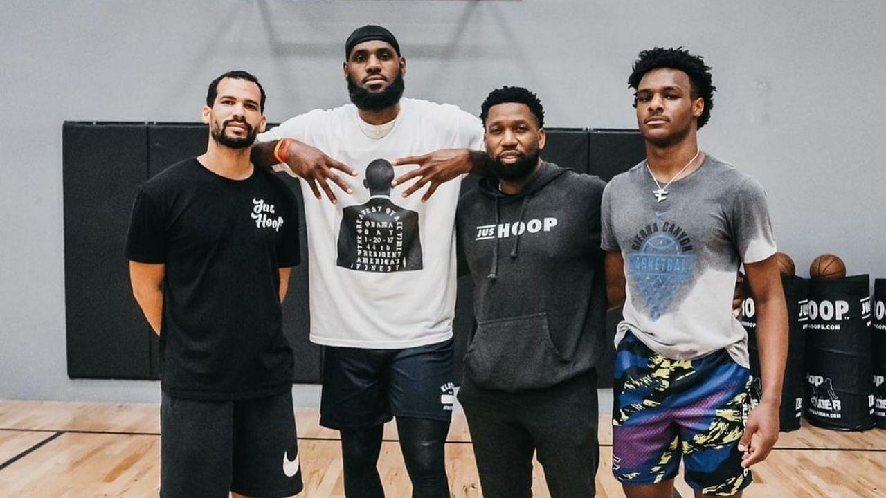 'Bronny's been stuck in the gym since that lil smoking video': LeBron James' son towers over friends of the Lakers star in latest photo