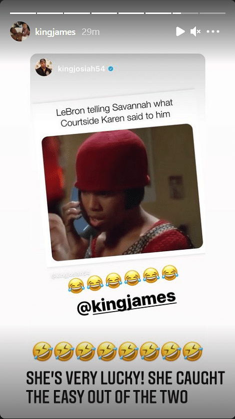 Courtside Karen Is Very Lucky Lebron James Reposts Hilarious Meme From Instagram Feed On His Stories After Courtside Faceoff With Fan In Lakers Win Over Hawks The Sportsrush