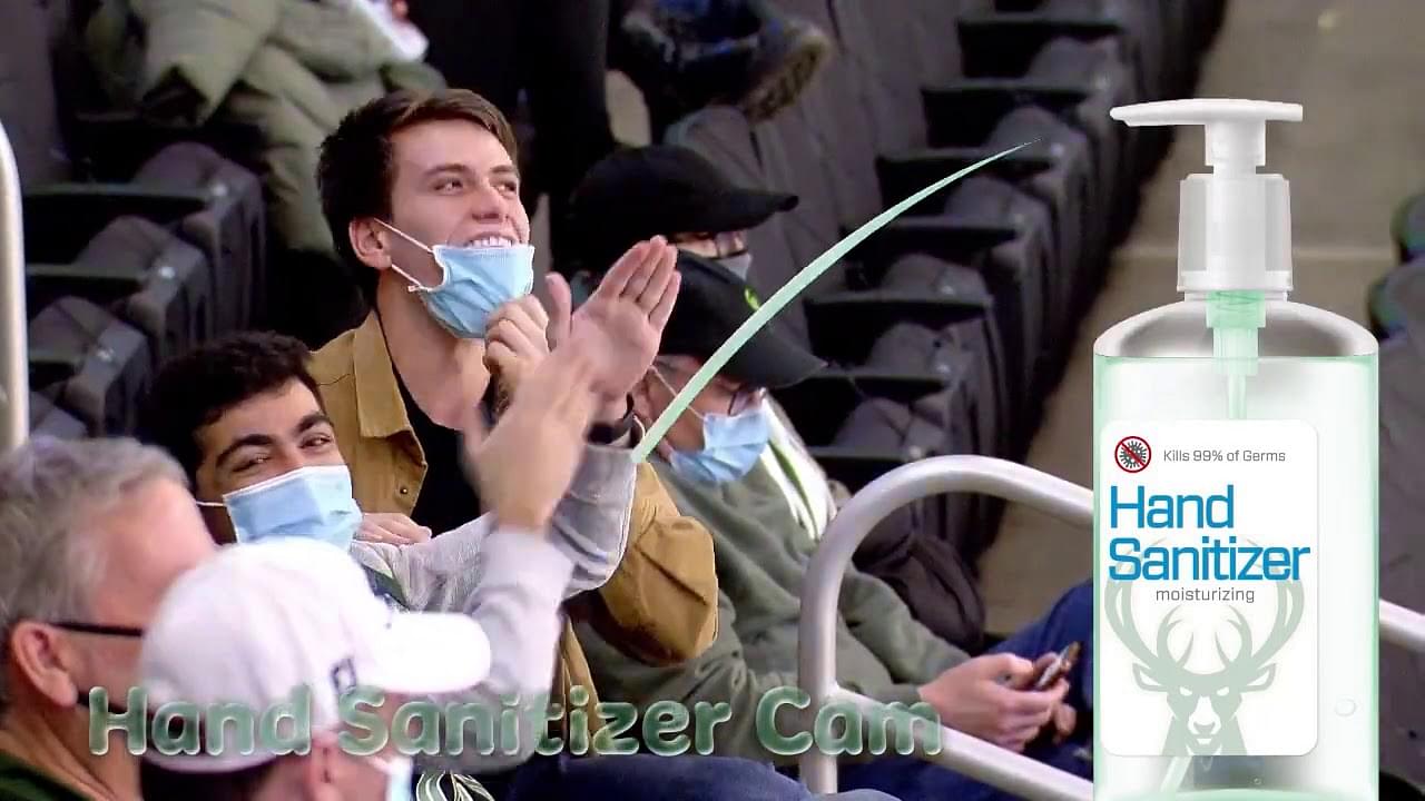“Milwaukee Bucks hand sanitizer cam is horny as hell”: The Bucks roll out a new graphic when panning to the fans in the stands that is beyond suggestive