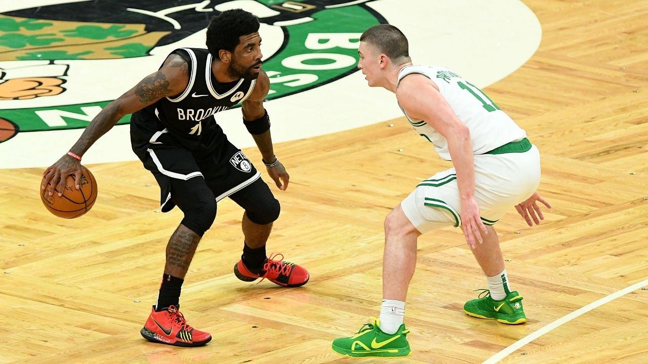 "Kyrie Irving steps on Celtics logo menacingly": NBA Fans react to the Nets' star stamping his foot on the Celtics' logo at halfcourt
