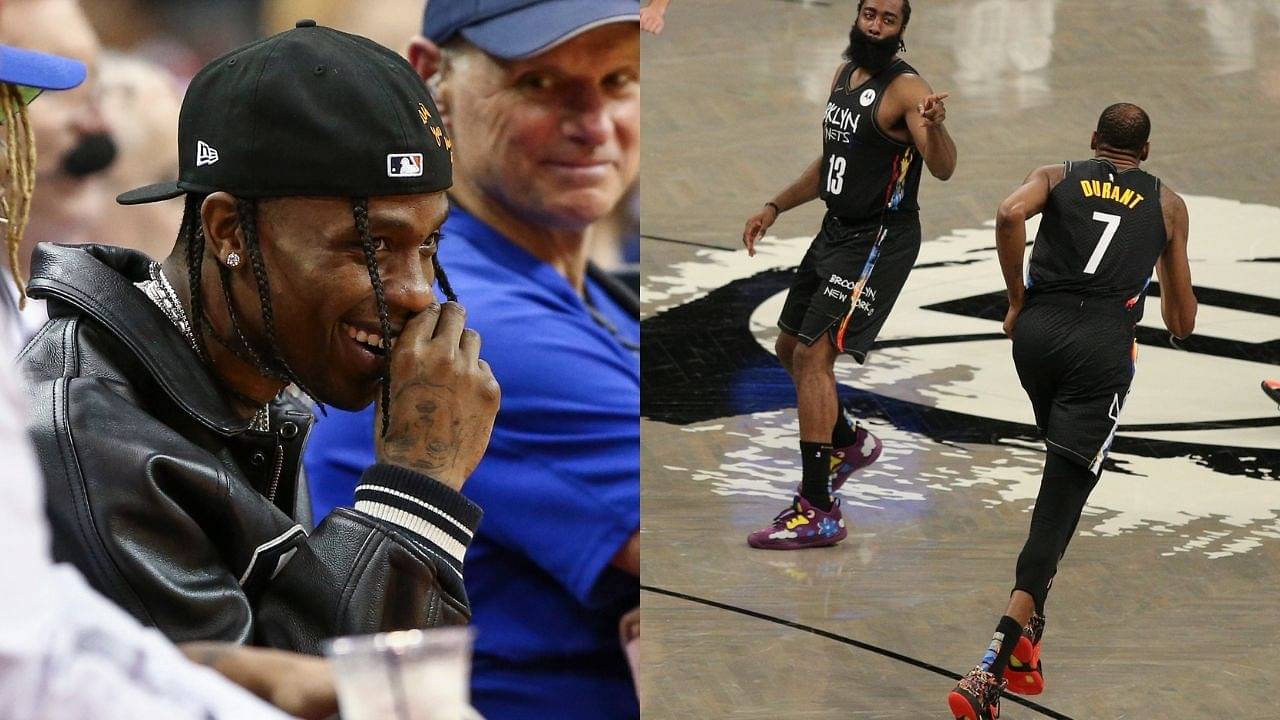 “So is Travis Scott a Nets fan now?”: NBA fans call out the Houston rapper for being a bandwagon fan after being seen rooting for James Harden and co in Game 1