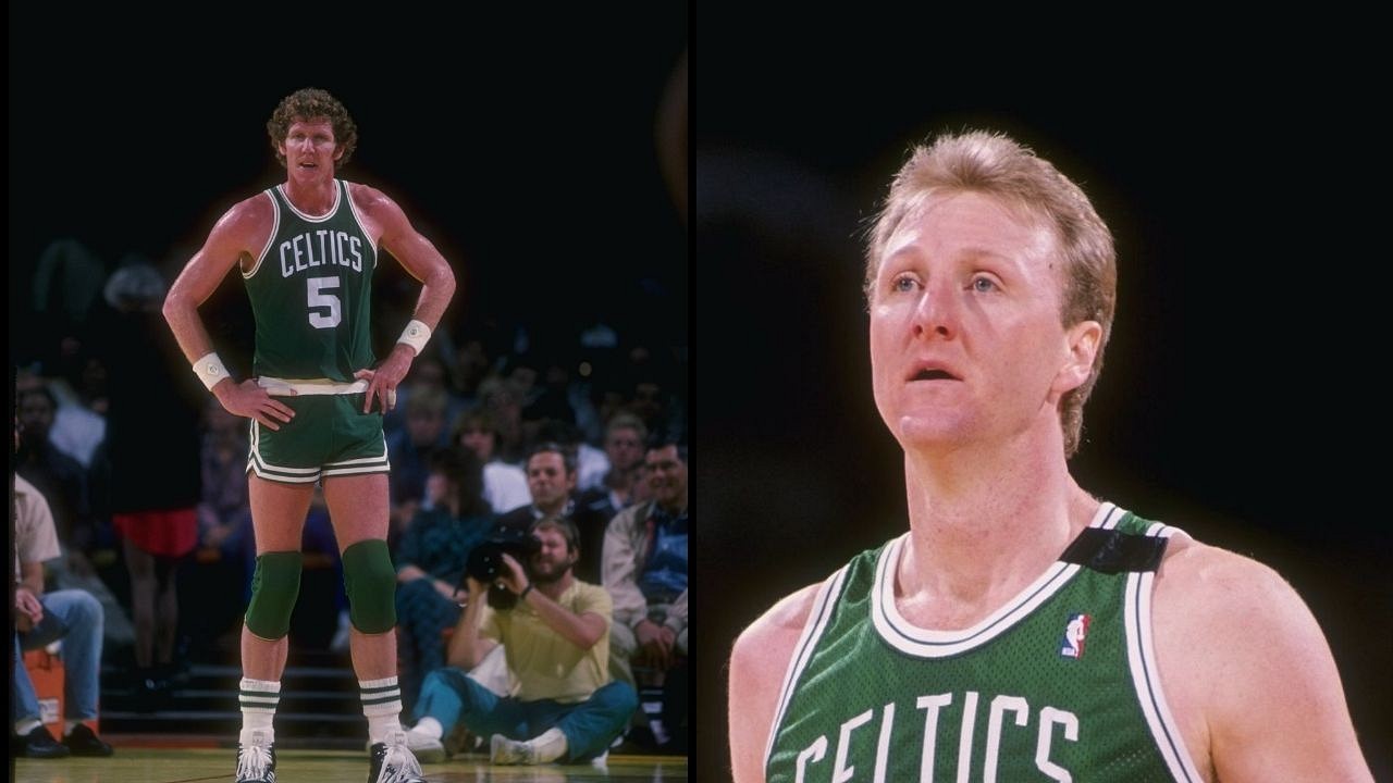 Boston Celtics' Larry Bird, left, and Bill Walton are looking relaxed  during a practice at the Boston Garden on May 29, 1987, as they get ready  for game-7 against the Detroit Pistons