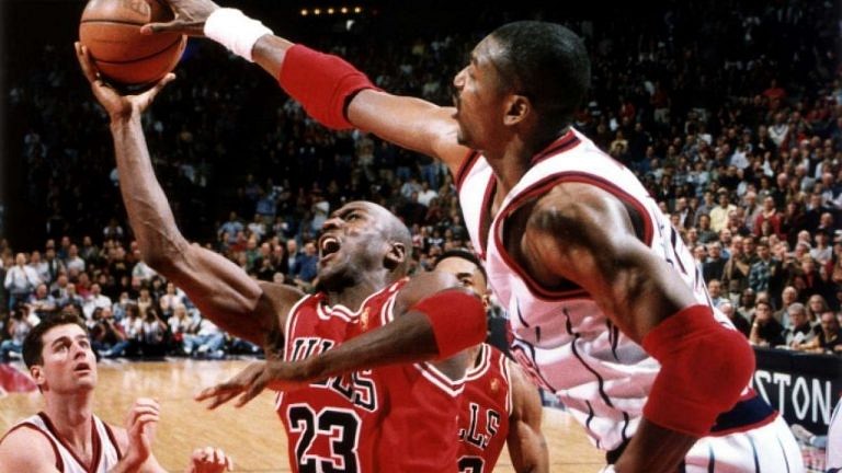 “Hakeem Olajuwon redeemed himself by blocking Michael Jordan on a game ...