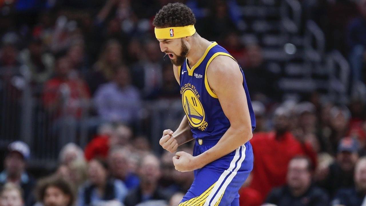 "Klay Thompson and Kyrie Irving to return in the same week?": The Warriors sniper holds up six fingers after exiting from his warmup at the Chase Center arena