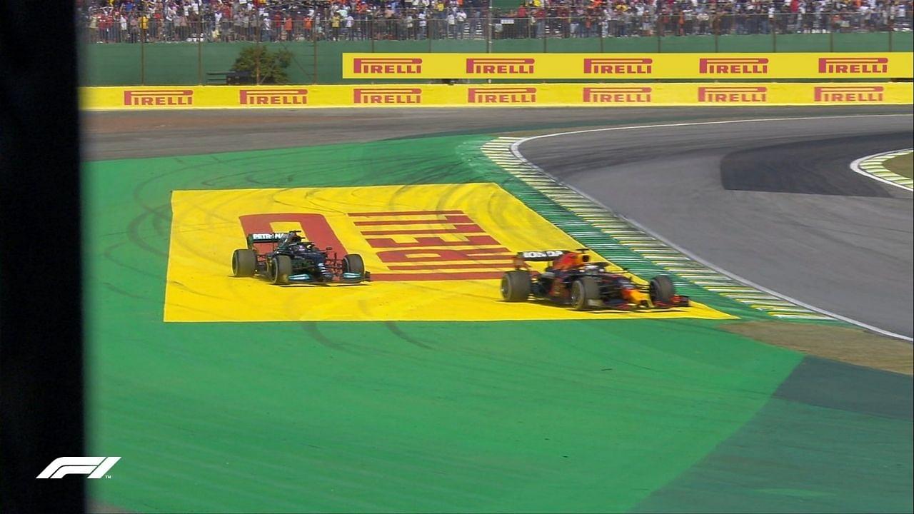 "He definitely squeezed him off the track!": Watch Lewis Hamilton and Max Verstappen almost collide at Interlagos in a thrilling Sao Paolo Grand Prix