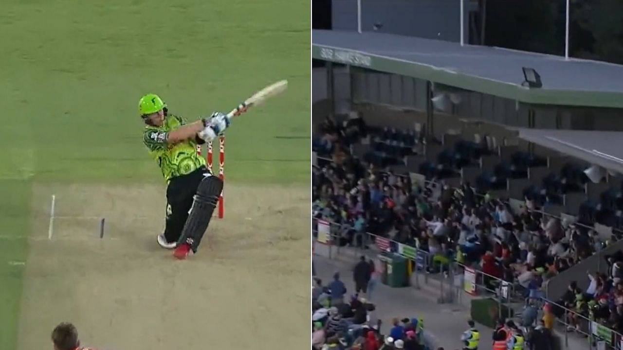 Billings cricket six: Sam Billings smashes Mitchell Marsh for a gargantuan six over the roof at the Manuka Oval