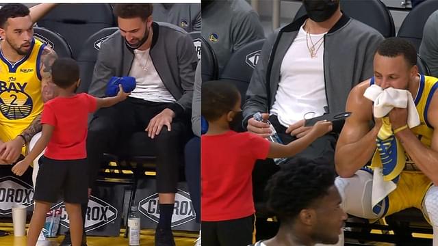 "Draymond Jr wants Klay Thompson back as much as everyone else!": Stephen Curry and his Splash Brother get dishes from Draymond Green's son on the Warriors bench against the Kings