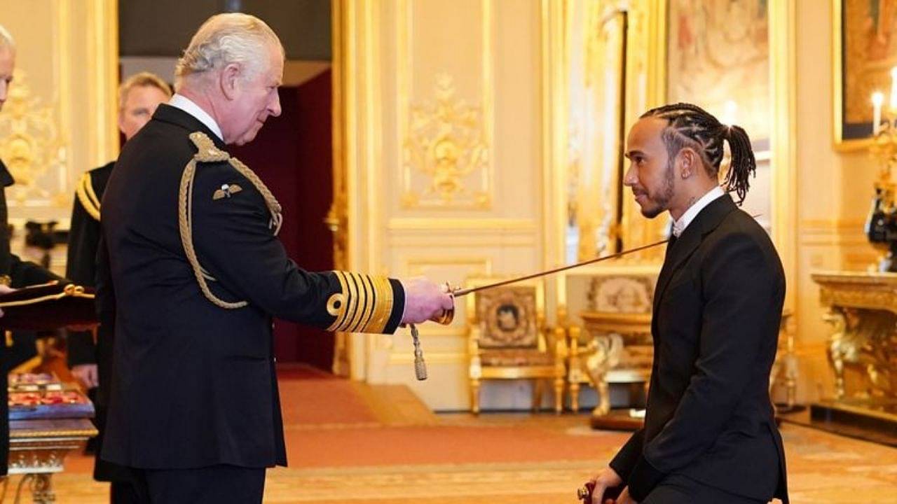 "Advice on dining etiquette" - Lewis reveals his hilarious encounter with the Queen as he receives knighthood from Prince Charles