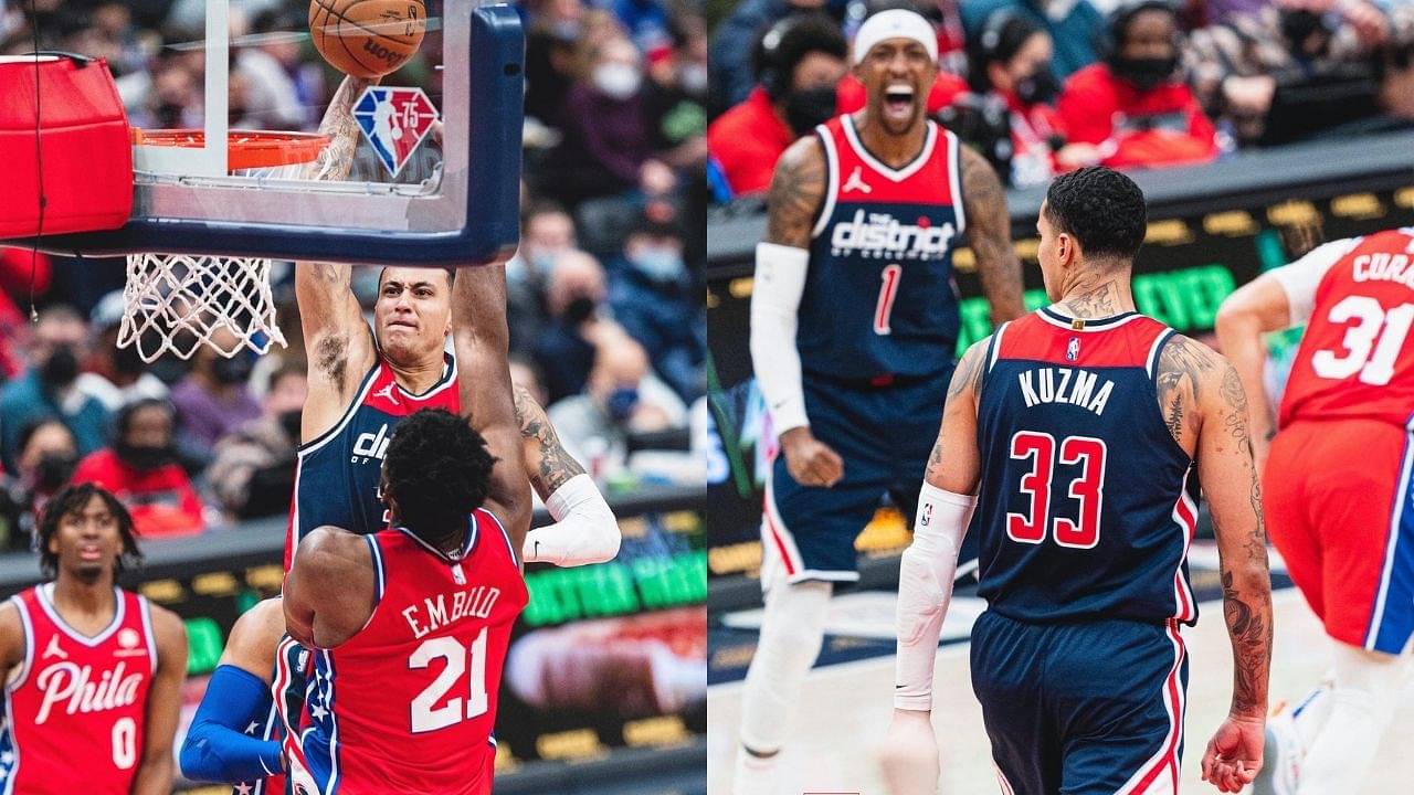 "Kyle Kuzma BAPTIZED Joel Embiid!!": NBA Twitter reacts as the Wizards' star puts the Sixers' MVP on a poster, and then blocks him not long after