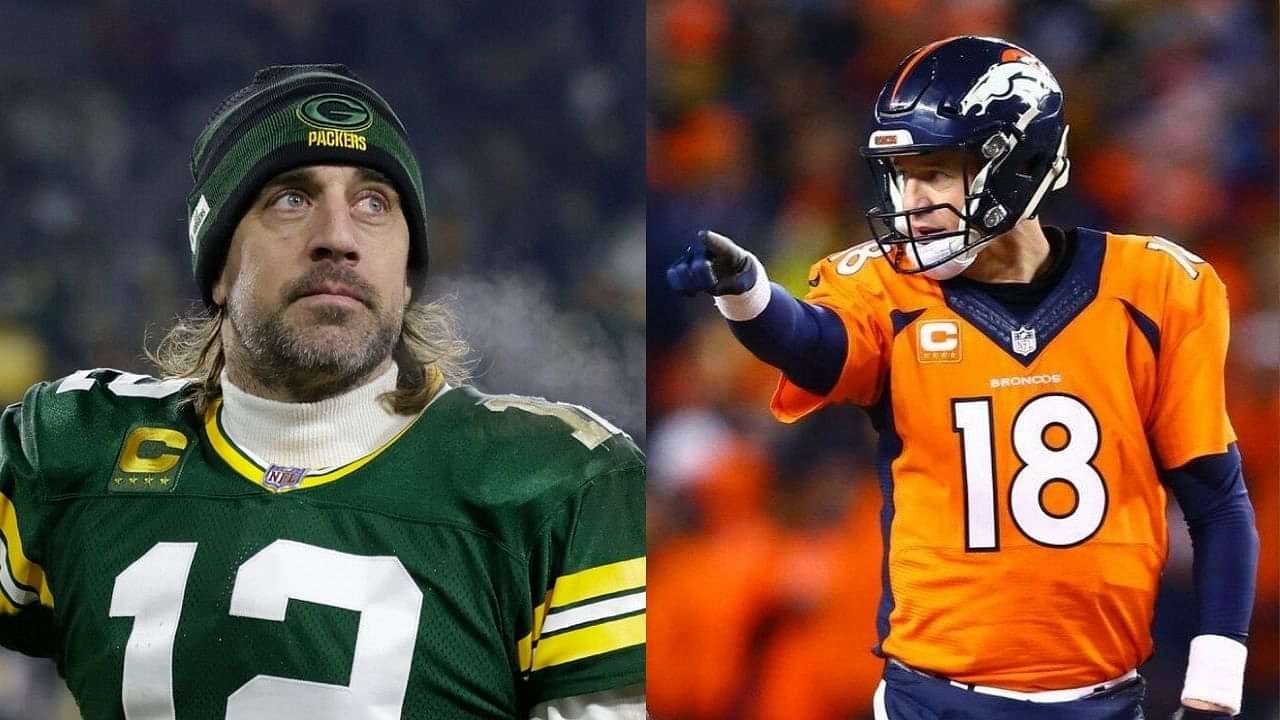 From left, Aaron Rodgers of the Green Bay Packers, Peyton Manning