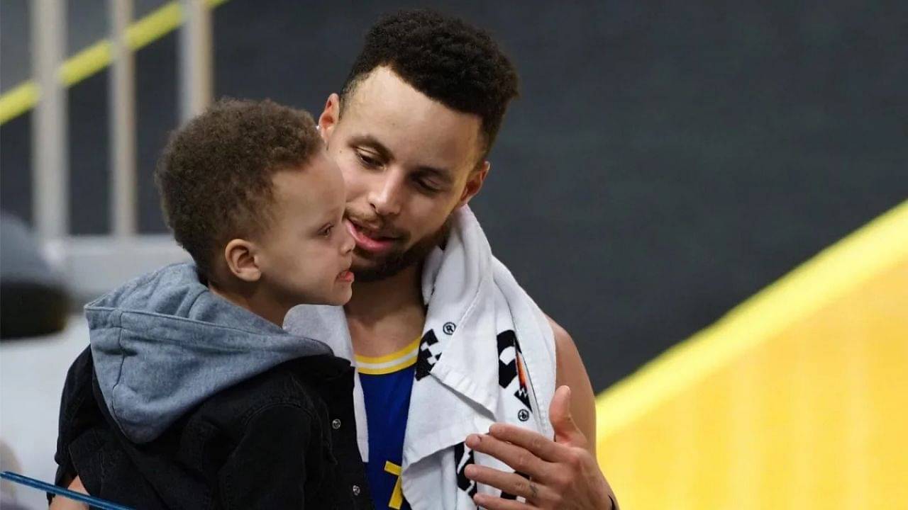 "Hey daddy, I wanna play too!": Stephen Curry has a hard time getting Canon Curry off the court, after Warriors trio get their All-Star rings from their kids