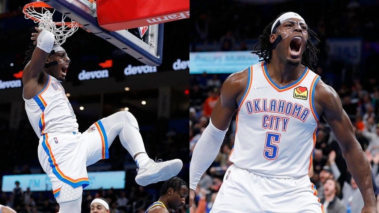 "Thunder with rebound after rebound.... and here comes Lu Dort over Stephen Curry": The 22-year old collects OKC's 6th consecutive rebound with a putback slam over the baby faced assassin 