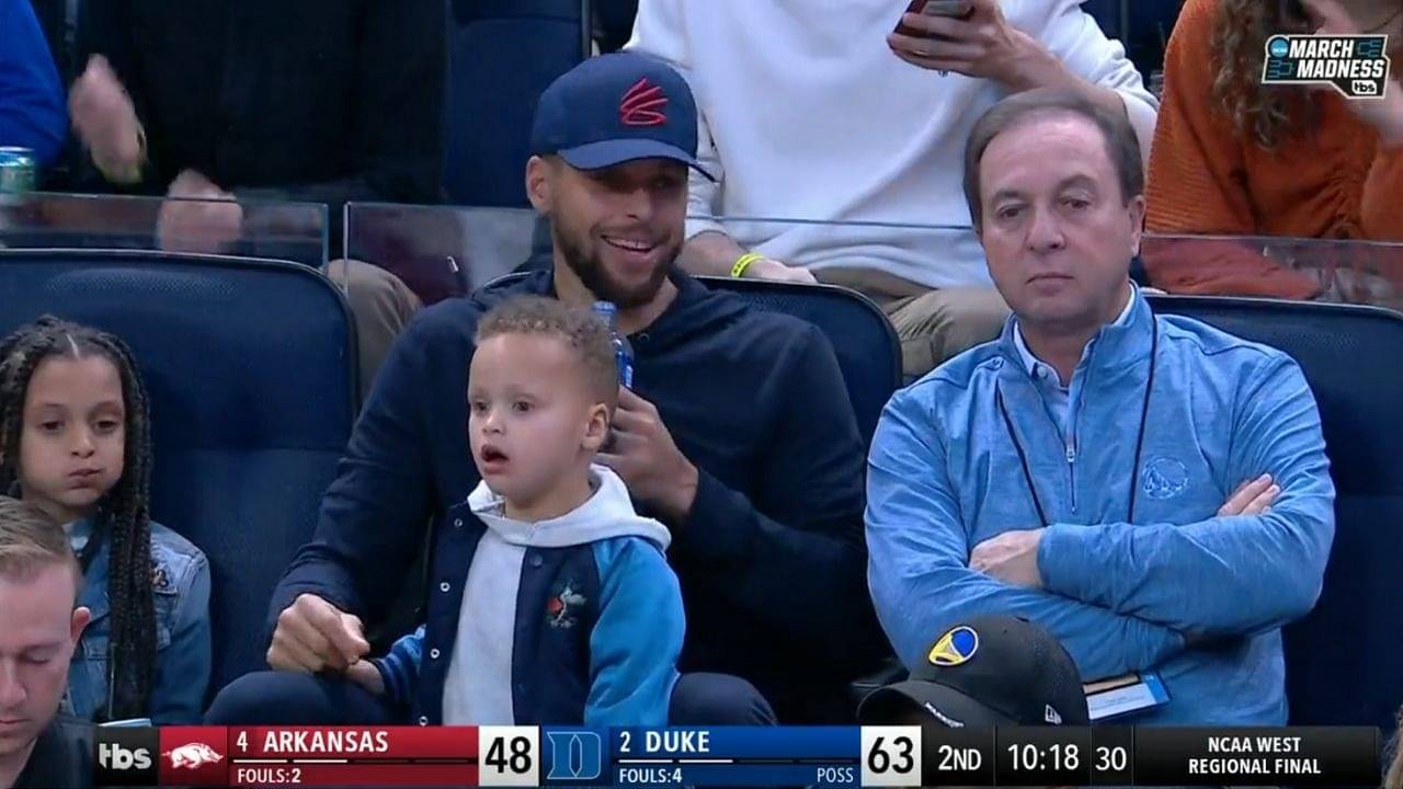 "Hey Joe Lacob, get daddy some big men, or I take away your water!": NBA Twitter reacts as Stephen Curry shows up with Ryan and Canon to watch Duke vs Arkansas